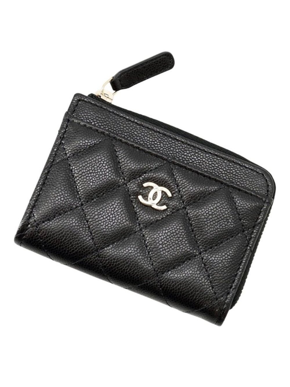 Chanel Coin Purse Quilted CC Logo Caviar Leather Wallet Black